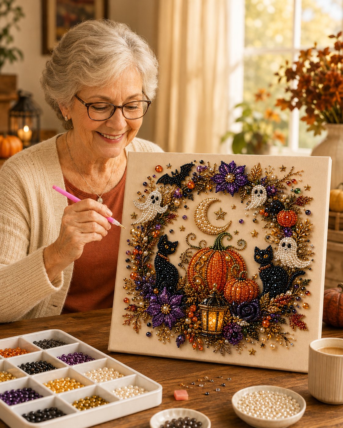 💥 Last Day 49% OFF👻✨50K+ SOLD!🎃 Halloween Pearl Art DIY Kit – No painting skills needed, just match & place pearls. Create spooky‑cute décor for a cosy autumn home! 🧵🖼️