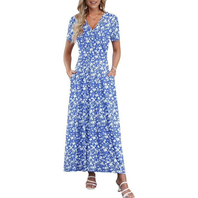 👗2026 Summer Hot Sale 49% OFF🌈 Women's V neck Ankle Length Floral Print Beach Long Flowy Maxi Dress with Pockets🎀