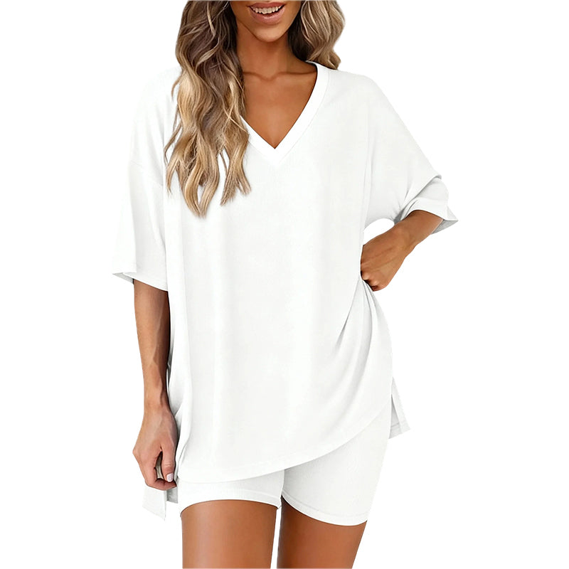 📢LAST DAY SALE 50% OFF !! ⏰Women’s Summer Loungewear Set – Oversized V-Neck Top & Shorts 🌿☕