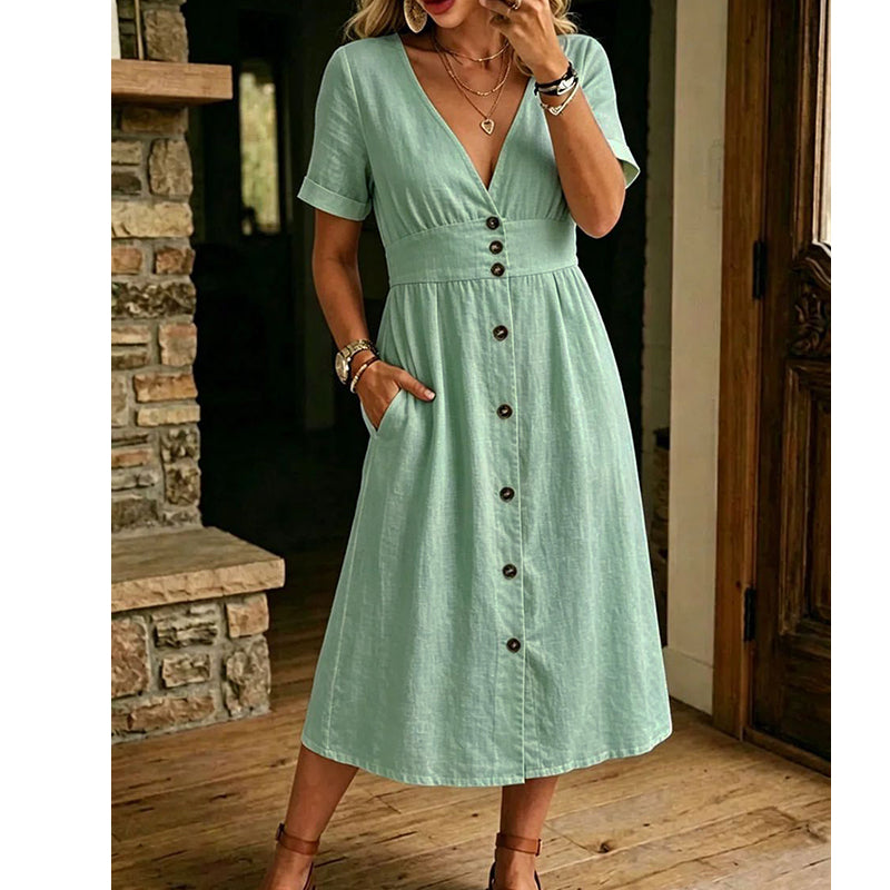 π 50% OFF NOW! βοΈ Women's Summer V-Neck Button-Down Dress β Lightweight & flowy β Perfect for beach, brunch or casual days β easy, breezy style πΈβ¨
