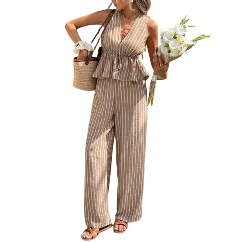 🏖️Limited Time Sale 50% OFF!🌞Women's Striped Tie-Waist Co-ord Set – Sleeveless Blouse & Wide-Leg Trousers 💫🌿 Vintage Boho Style • Casual Commuter Wear • Lightweight & Flowy💃