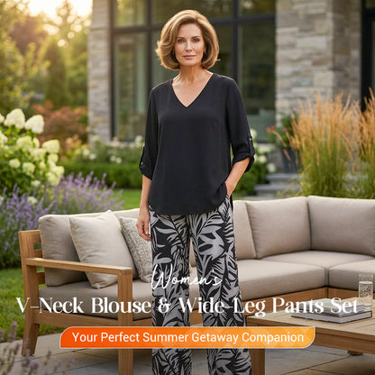 💖LAST DAY SALE: 70% Off !!💖Women's V-Neck Blouse & Printed Wide-Leg Pants Set