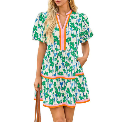 ⏰Summer Hot Sale 70% OFF💃Women's V Neck Floral Short Puff Sleeve Patchwork Casual Boho Mini Dress👍✨Soft Fabric & Comfortable Fit