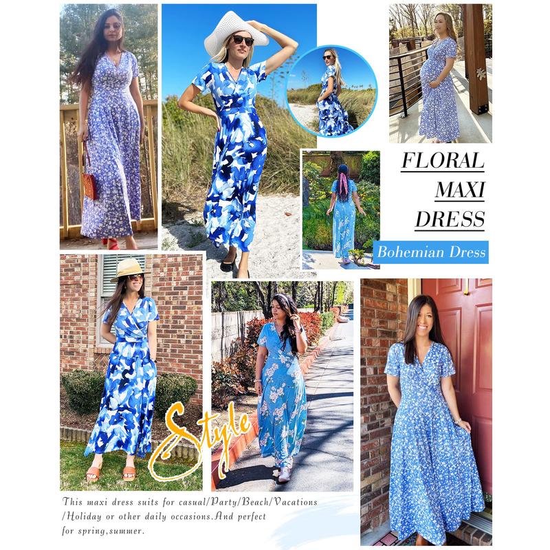 👗2026 Summer Hot Sale 49% OFF🌈 Women's V neck Ankle Length Floral Print Beach Long Flowy  Maxi Dress with Pockets🎀