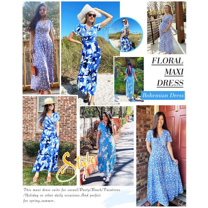 👗2026 Summer Hot Sale 49% OFF🌈 Women's V neck Ankle Length Floral Print Beach Long Flowy  Maxi Dress with Pockets🎀