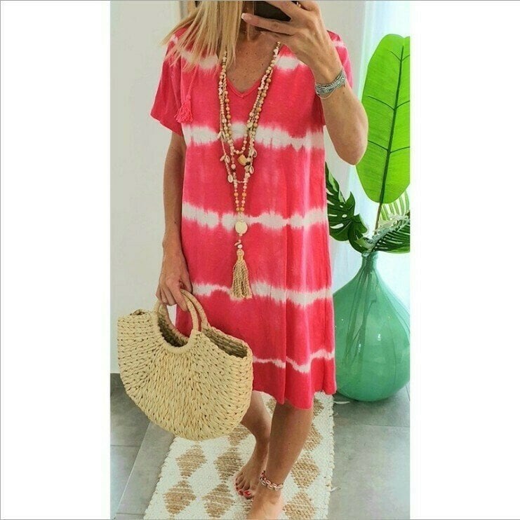 👗Surprise Price: Only £11.99!!🌈 Tie-Dye Striped Short Sleeve T-Shirt Dress – Soft & flowy – Perfect for summer, beach or casual days – comfortable and stylish 🌊✨
