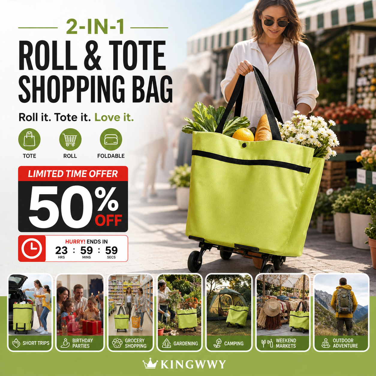 🔥Limited Offer ￡9.99!!⚡50K+ SOLD!🛍️2-in-1 Convertible shopping tote – hides wheels, holds 20kg, expands with zipper!