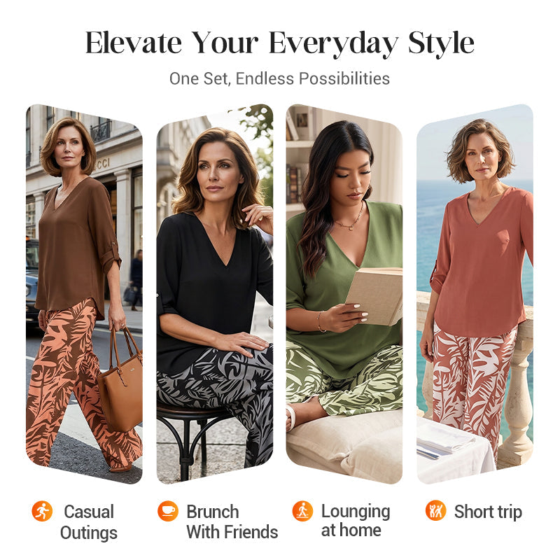 💖LAST DAY SALE: 70% Off !!💖Women's V-Neck Blouse & Printed Wide-Leg Pants Set