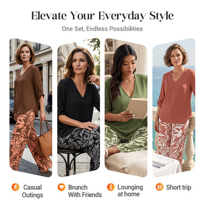 💖LAST DAY SALE: 70% Off !!💖Women's V-Neck Blouse & Printed Wide-Leg Pants Set