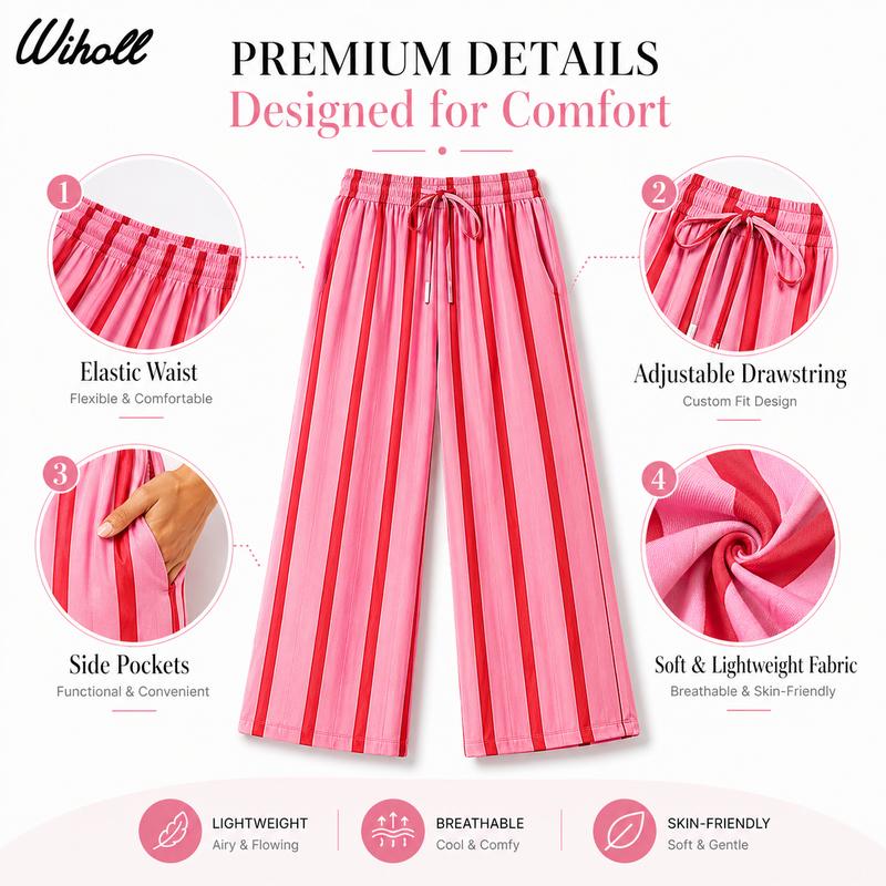💖LAST DAY SALE 50% OFF💷Women's Summer Wide Leg Pants Flowy Drawstring Elastic Waist Trousers with Pockets