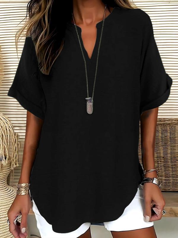 🔥Last Day-60% OFF🖤Women's Plain Short Sleeve Blouse, Casual Solid Color Top for Daily Wear