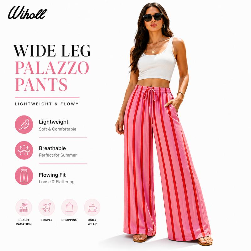 💖LAST DAY SALE 50% OFF💷Women's Summer Wide Leg Pants Flowy Drawstring Elastic Waist Trousers with Pockets