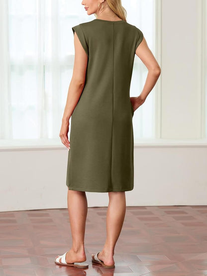 🔥2026 Summer Sale 60% OFF💥Women Round Neck Loose Split Wrinkle-Free Midi Dress with Pockets