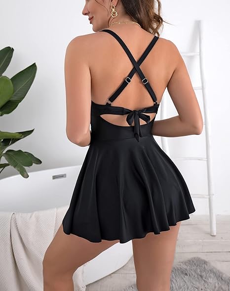 ⏳Last Day Special Sale 49% OFF🩱Women's Cutout One Piece Skirt Swimsuit V Neck Wrap Tie Back Swimdress