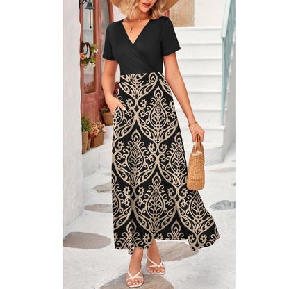 👗2026 Summer Hot Sale 49% OFF🌈 Women's V neck Ankle Length Floral Print Beach Long Flowy  Maxi Dress with Pockets🎀