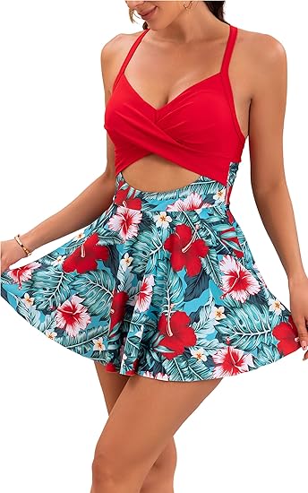 ⏳Last Day Special Sale 49% OFF🩱Women's Cutout One Piece Skirt Swimsuit V Neck Wrap Tie Back Swimdress