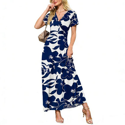 👗2026 Summer Hot Sale 49% OFF🌈 Women's V neck Ankle Length Floral Print Beach Long Flowy  Maxi Dress with Pockets🎀