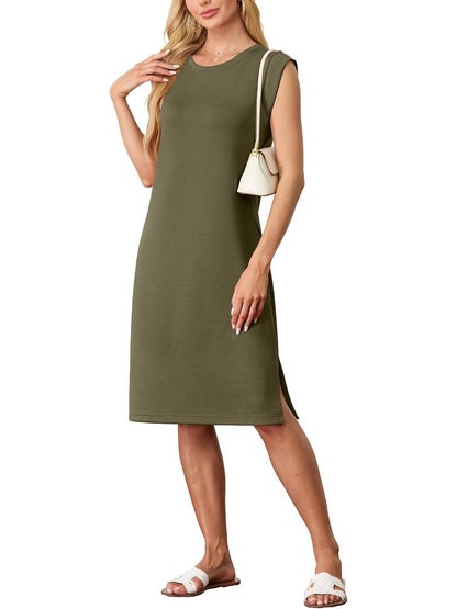 🔥2026 Summer Sale 60% OFF💥Women Round Neck Loose Split Wrinkle-Free Midi Dress with Pockets