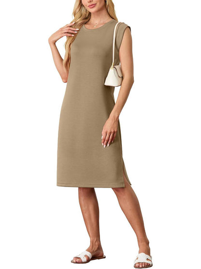 🔥2026 Summer Sale 60% OFF💥Women Round Neck Loose Split Wrinkle-Free Midi Dress with Pockets