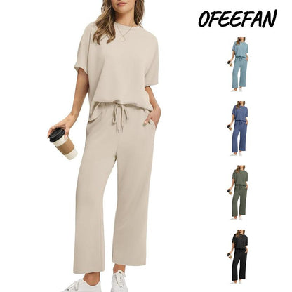 🌸Hot Sale 50% OFF💖Women’s Summer Oversized Wide Leg Crop Pants Two Piece Outfits Set