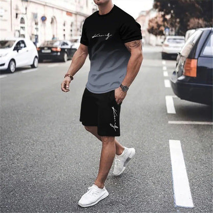 🏖️⏳SUMMER SALE: ONLY ￡14.99!!😎Men's Gradient Color T-Shirt & Shorts Set