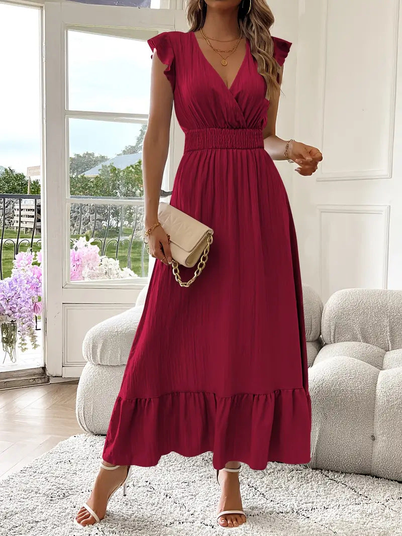 🎉Last Day Promotion 50% OFF💃🌼Women's Plain V-Neck Ruffled Waist-Defining Shirred V Neck Maxi Dress
