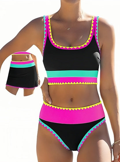 💃👙Last Day Sale 50% OFF🌈Color Block Patchwork Sporty 3-Piece Bikini Set - High Waisted & Tummy Control Swimsuit