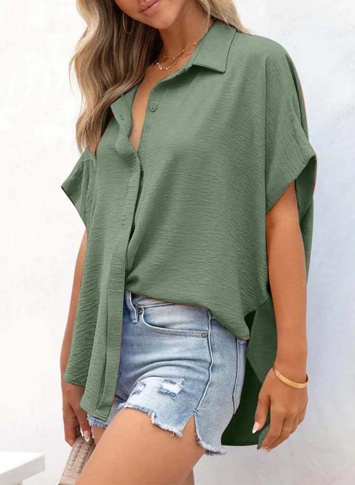 🔥2026 Summer Hot Sale 49% OFF💥Women's Tops Casual V Neck Button Down Shirts Solid Short Sleeve Blouses