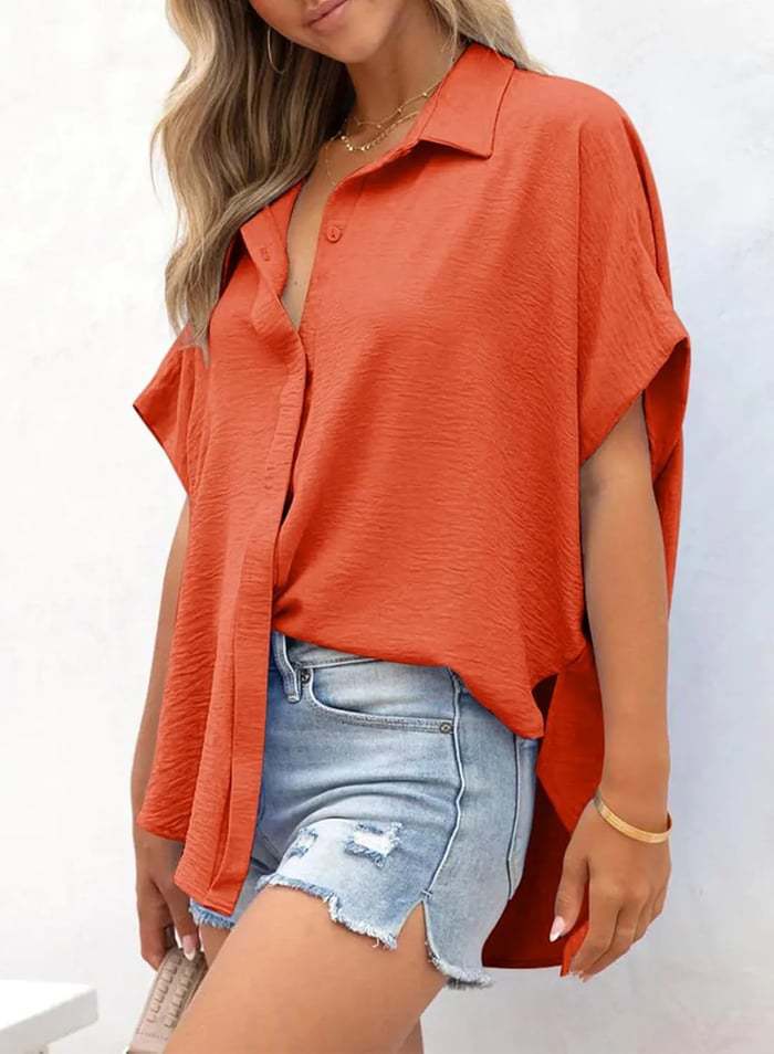 🔥2026 Summer Hot Sale 49% OFF💥Women's Tops Casual V Neck Button Down Shirts Solid Short Sleeve Blouses