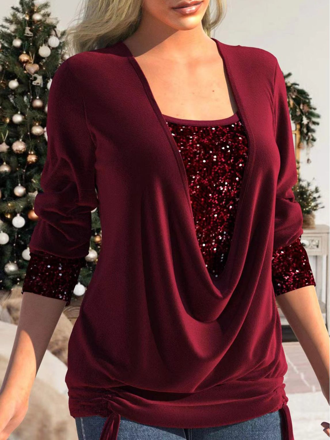 🎁New Year Sale 70% OFF 💕 Sequin Loose Smocked Fake Two-Piece Top