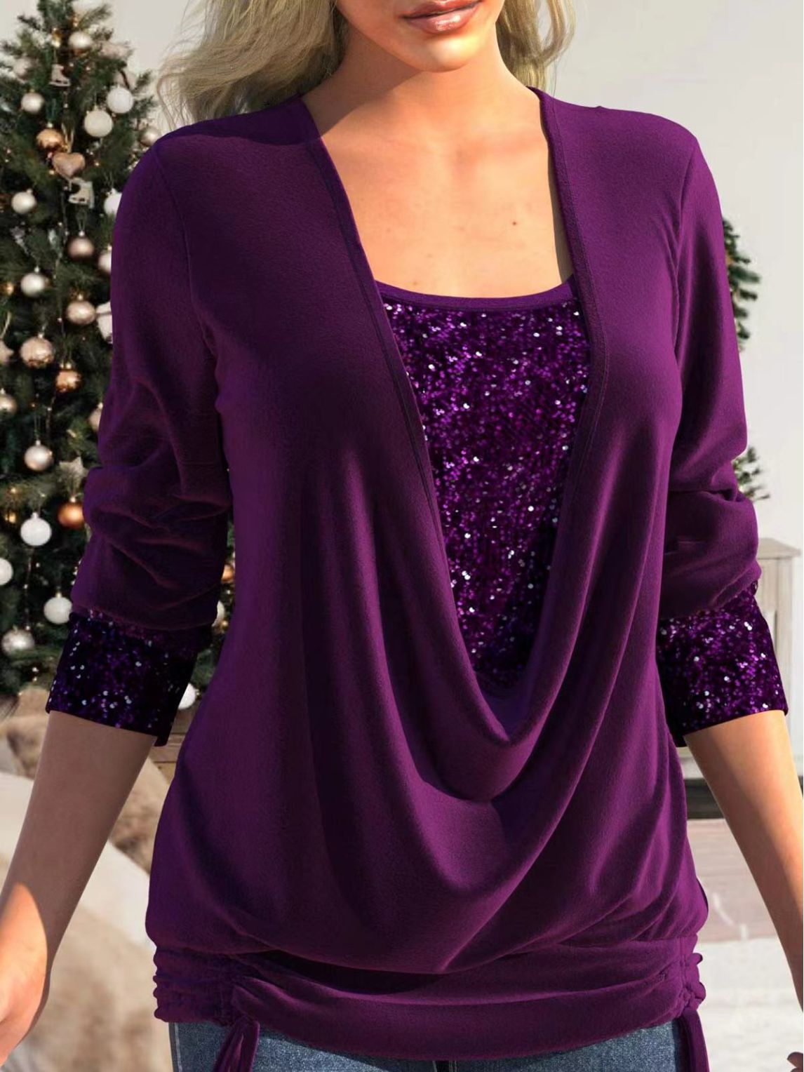 🎁New Year Sale 70% OFF 💕 Sequin Loose Smocked Fake Two-Piece Top