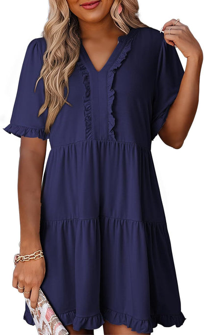 🔥2026 Summer Hot Sale 49% OFF🌈Women's V Neck Ruffle Casual A-Line Flowy Swing Shift Dress