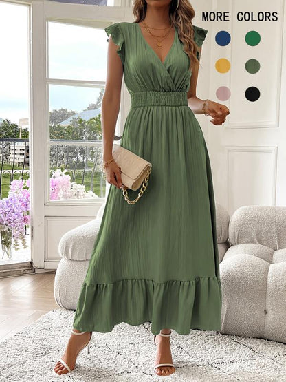 🎉Last Day Promotion 50% OFF💃🌼Women's Plain V-Neck Ruffled Waist-Defining Shirred V Neck Maxi Dress