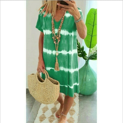 👗Surprise Price: Only £11.99!!🌈 Tie-Dye Striped Short Sleeve T-Shirt Dress – Soft & flowy – Perfect for summer, beach or casual days – comfortable and stylish 🌊✨