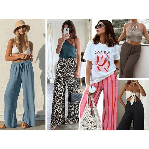 💖LAST DAY SALE 50% OFF💷Women's Summer Wide Leg Pants Flowy Drawstring Elastic Waist Trousers with Pockets