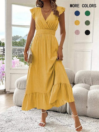 🎉Last Day Promotion 50% OFF💃🌼Women's Plain V-Neck Ruffled Waist-Defining Shirred V Neck Maxi Dress