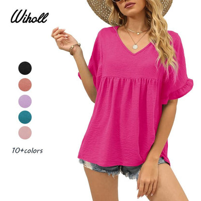 💖LAST DAY SALE 50% OFF💷👕Women's Tops Casual V Neck Ruffle Sleeve T Shirts Babydoll Loose Fit Peplum Top🌿