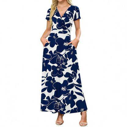 👗2026 Summer Hot Sale 49% OFF🌈 Women's V neck Ankle Length Floral Print Beach Long Flowy  Maxi Dress with Pockets🎀