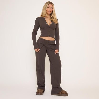 💖LAST DAY SALE 50% OFF!!✨Women's Mid Rise Drawstring Waist Straight Leg Trousers + Long Sleeve Button Up Front Fitted Top set