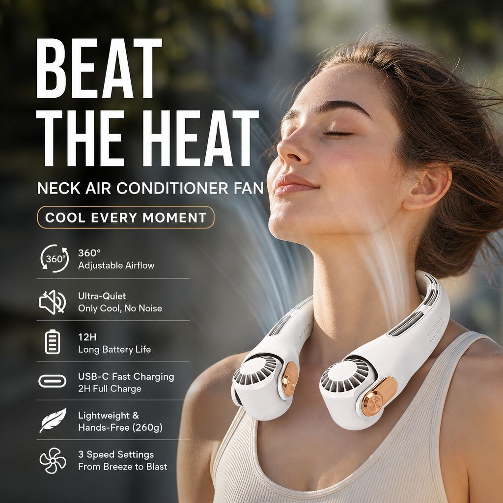 ⏰Last Day Special Price ￡12.99!!❄Neck Air Conditioner Fan – Ultra‑quiet, 360° rotating, 3 speeds. Hands‑free cooling, long battery. Summer essential! 😎🌬️
