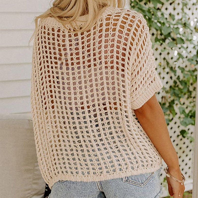 ✨Last Day Special Price £11.99!!💥⏰Womens Casual Short Sleeve Hollow Out Pullover Knit Tops