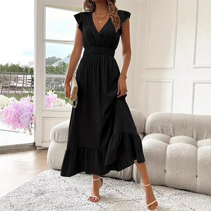 🎉Last Day Promotion 50% OFF💃🌼Women's Plain V-Neck Ruffled Waist-Defining Shirred V Neck Maxi Dress
