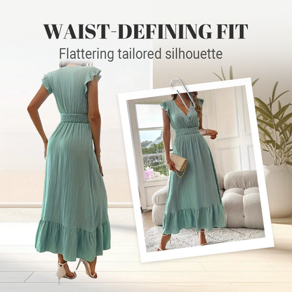 🎉Last Day Promotion 50% OFF💃🌼Women's Plain V-Neck Ruffled Waist-Defining Shirred V Neck Maxi Dress