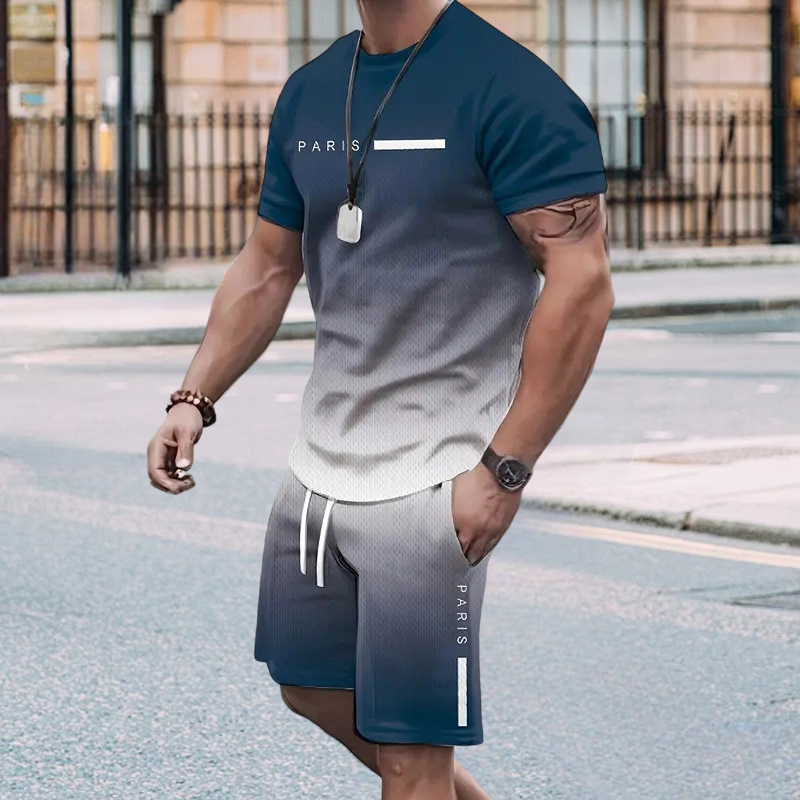 🏖️⏳SUMMER SALE: ONLY ￡14.99!!😎Men's Gradient Color T-Shirt & Shorts Set
