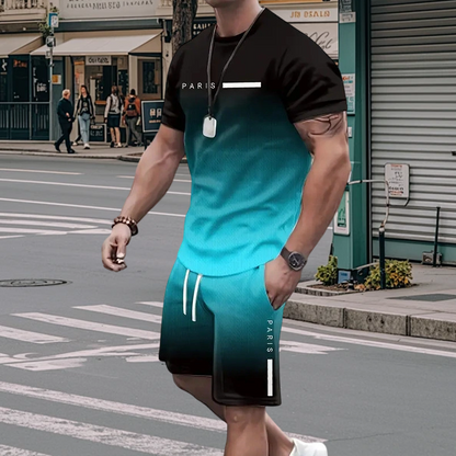 🏖️⏳SUMMER SALE: ONLY ￡14.99!!😎Men's Gradient Color T-Shirt & Shorts Set