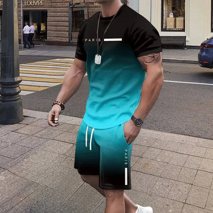 🏖️⏳SUMMER SALE: ONLY ￡14.99!!😎Men's Gradient Color T-Shirt & Shorts Set