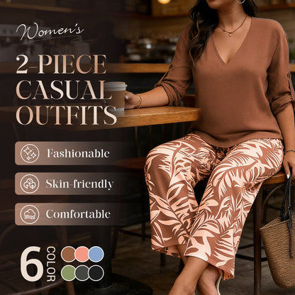 💖LAST DAY SALE: 70% Off !!💖Women's V-Neck Blouse & Printed Wide-Leg Pants Set