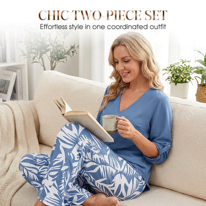 💖LAST DAY SALE: 70% Off !!💖Women's V-Neck Blouse & Printed Wide-Leg Pants Set