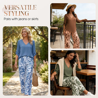💖LAST DAY SALE: 70% Off !!💖Women's V-Neck Blouse & Printed Wide-Leg Pants Set