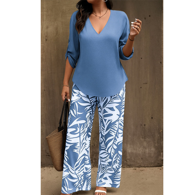 💖LAST DAY SALE: 70% Off !!💖Women's V-Neck Blouse & Printed Wide-Leg Pants Set
